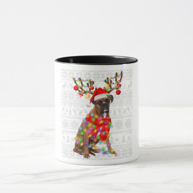 Mug Drôle Reindeer Boxer Chien Lumières de Noël (Centre)