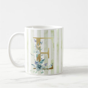 Mug E initiale dorée sur bandes bleues et blanches