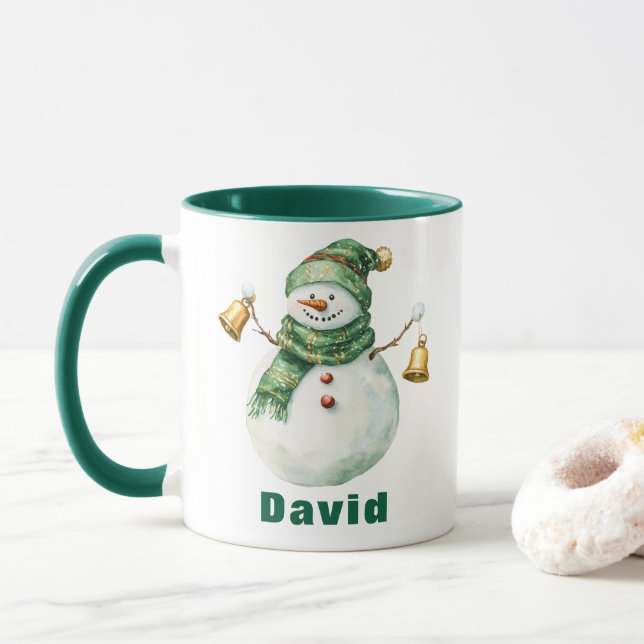 Mug Écharpe verte de Noël Snowman avec cloches (Avec donut)