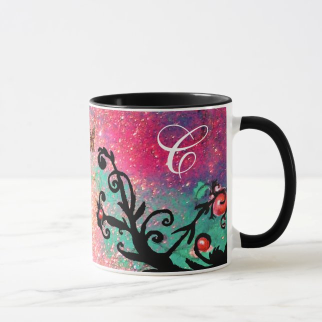 MUG ÉCLAIRAGE À BOUTEILLE, MONOGRAMME FLORAL NOIR, (Droite)