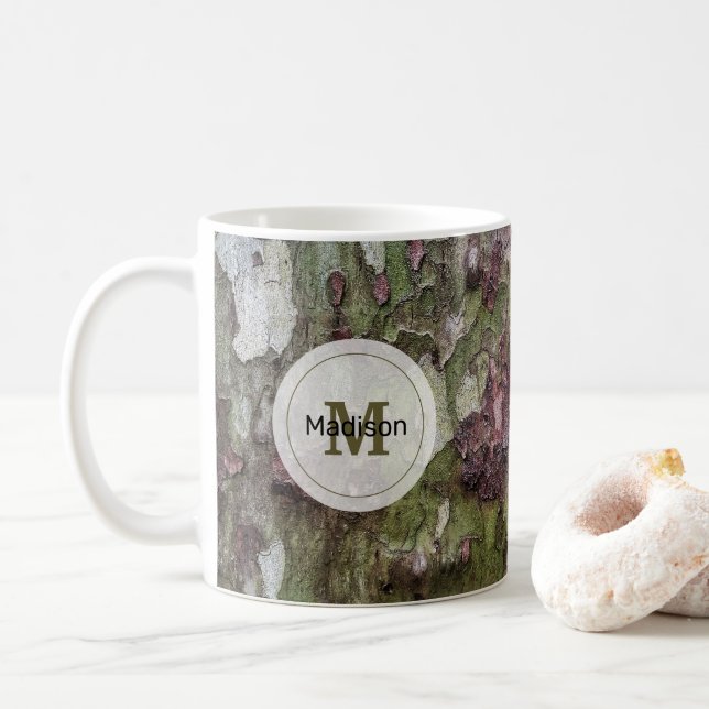 Mug Écorce en bois de camouflage gris vert Monogramme (Avec donut)