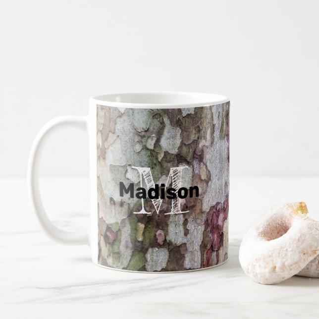 Mug Écorce en bois de camouflage gris vert Monogramme (Avec donut)
