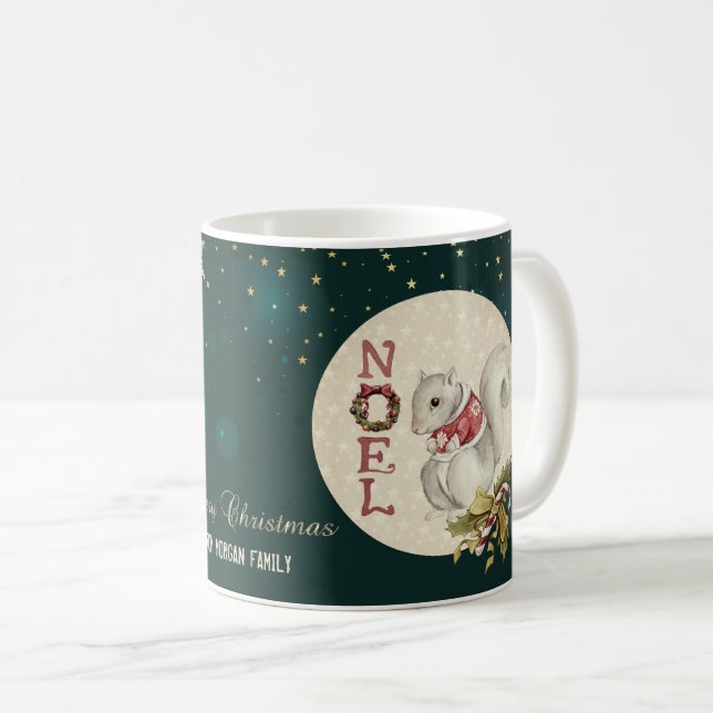 Mug Écureuil de Noël Vintage, Snowflakes (Devant droit)