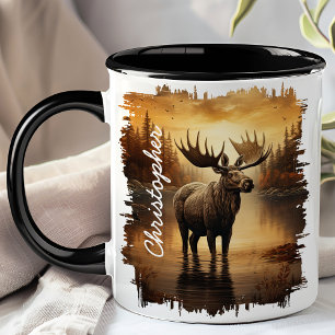 Mug Élan dans le reflet du lac brumeux