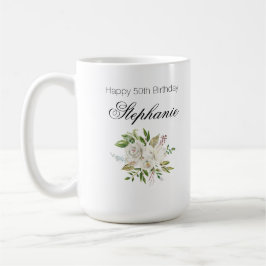 Mug Élégant 50e anniversaire blanc script floral