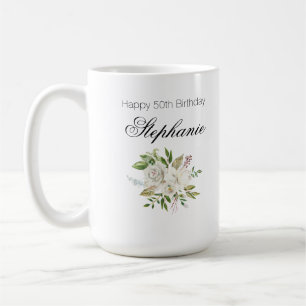Mug Élégant 50e anniversaire blanc script floral