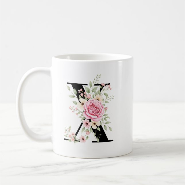 Mug Elegant Alphabet Coffee Cup with Pink Rose Design (Gauche)