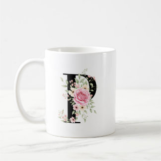 Mug Elegant Alphabet Coffee Cup with Pink Rose Design