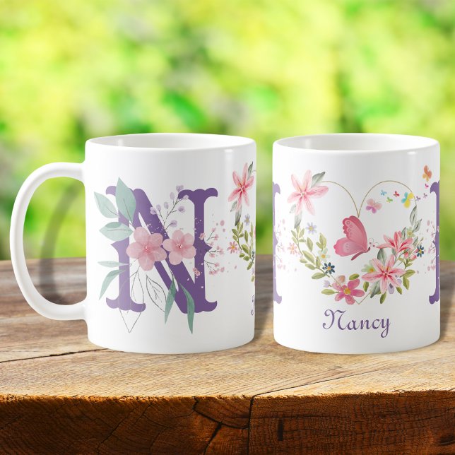 Mug Elégant aquarelle papillon floral Monogramme N (Créateur téléchargé)