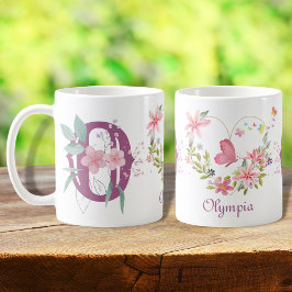 Mug Elégant aquarelle papillon floral Monogramme O