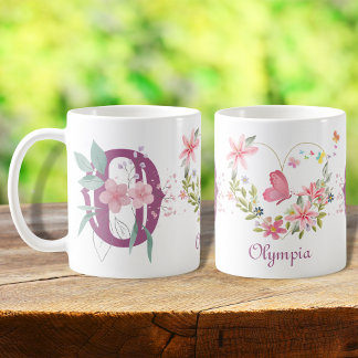 Mug Elégant aquarelle papillon floral Monogramme O