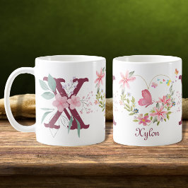 Mug Elégant aquarelle papillon floral Monogramme X