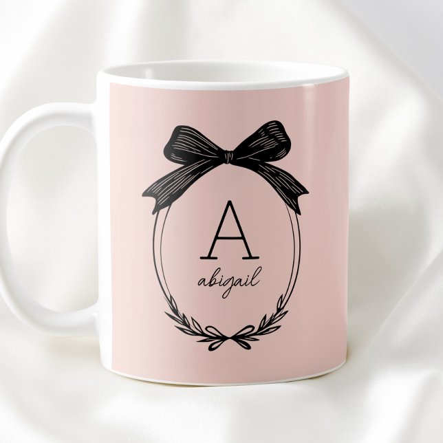 Mug Elegant Black Bow Initial Chic Blush Pink Monogram (Elegant Black Bow Initial Chic Blush Pink Monogram Coffee Mug)