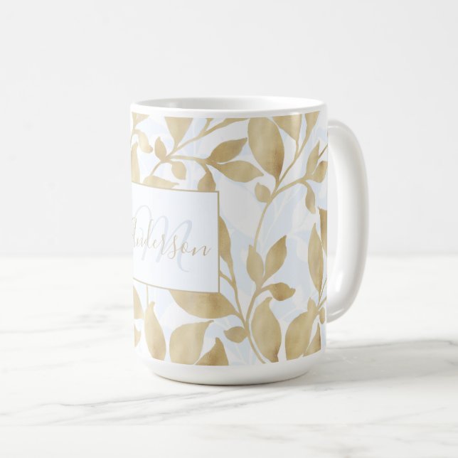Mug Elégant Blanc Or Feuille verdure Botanique (Devant droit)