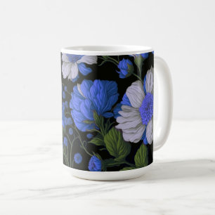 Mug Elégant bleu argenté blanc élégant floral rétro