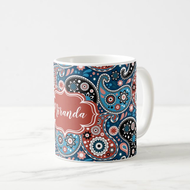 Mug Élégant Bleu et Rouge Paisley Imprimer texte perso (Devant droit)