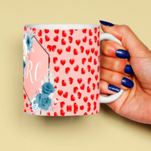 Mug Élégant Bleu Poussiéreux Floral & Cœurs Rouges Mon