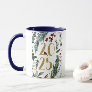 Mug Elégant Bleu Rustique 2025 Carte de Nouvel An