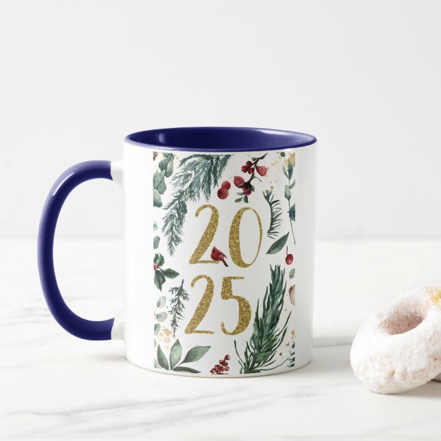 Mug Elégant Bleu Rustique 2025 Carte de Nouvel An (Avec donut)