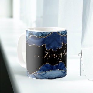 Mug Élégant Blue Gold Agate Nom du script