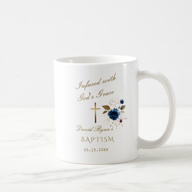 Mug Élégant Blue Gold Floral Calligraphie Garçon Baptê (Droite)