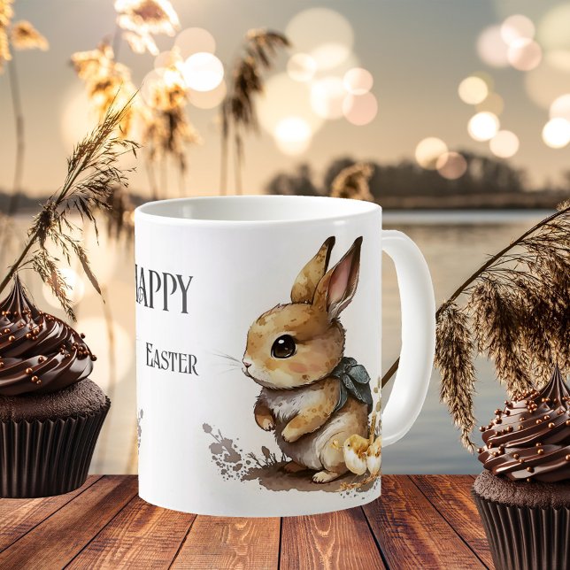 Mug Elégant Bunny Aquarelle Joyeux Pâques (Classic mug featuring a watercolor painting of an Easter bunny with baby birds)