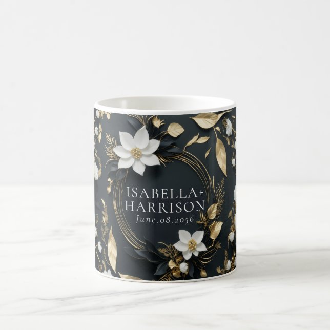 Mug Elégant cadeau Mariage Black White et Gold Floral (Centre)