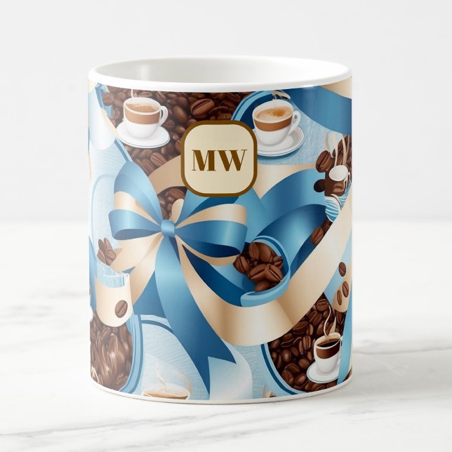 Mug Élégant café bleu ruban arcs monogramme (Créateur téléchargé)