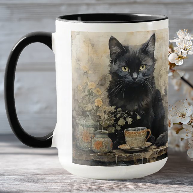 Mug Élégant chat noir (Shabby Chic Black Cat Mug)