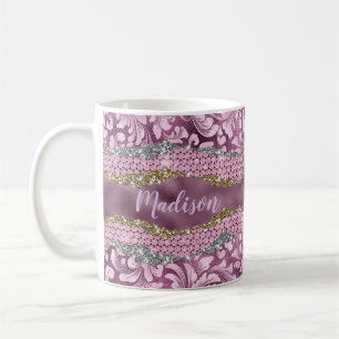 Mug Élégant chatterie florale monogramme d'or rose vio