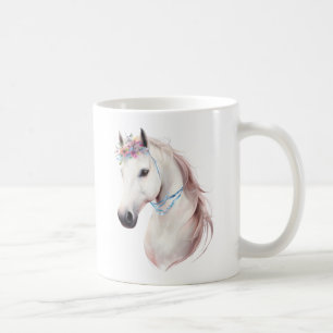 Mug Elégant Cheval Blanc avec Art Floral Couronne Impr