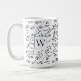 Mug Élégant Chic Bleu & Fleur Blanche Foliage Monogram
