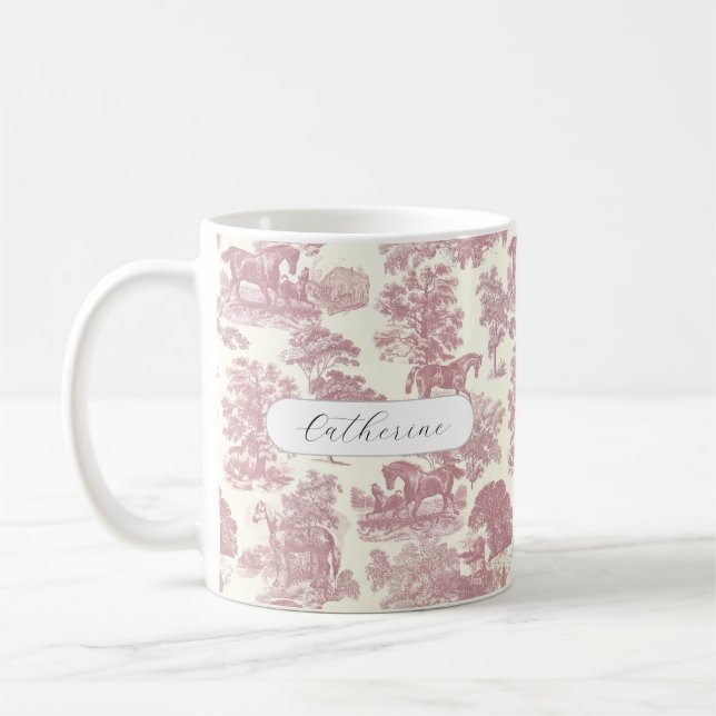 Mug Élégant Chic Rose Toile Rustique de Cheval Nom (Gauche)