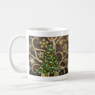 Mug Elegant Christmas Tree Barn Wood Gold Design