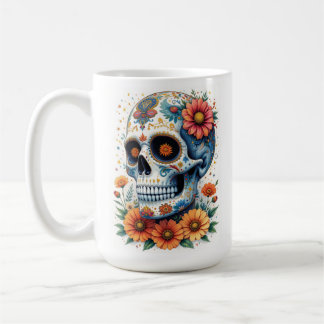 Mug Elégant crâne de sucre avec fleurs