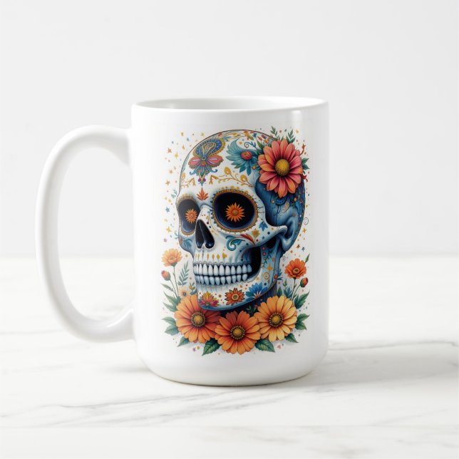 Mug Elégant crâne de sucre avec fleurs (Gauche)