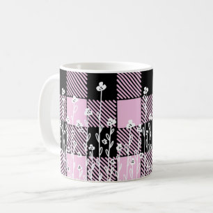 Mug Élégant doodé noir rose floral plaid motif