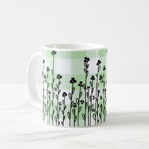 Mug Élégant en vichy vert floral noir blanc doodé
