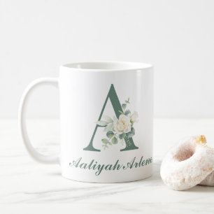 Mug Élégant Eucalyptus et Rose Personnalisé Initiale A