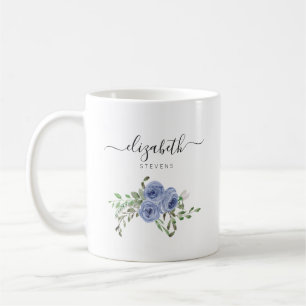 Mug Élégant floral Dusty Blue Watercolor Rose Script