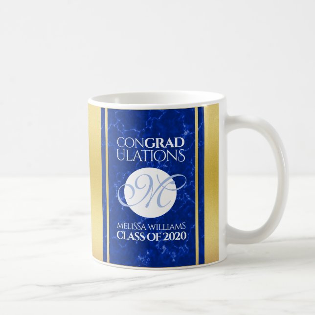 Mug Élégant Graduation Monogramme Bleu Marbre Or Huile (Droite)