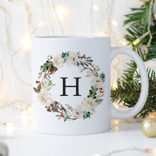 Mug Élégant hiver Floral Wreath Monogramme vacances