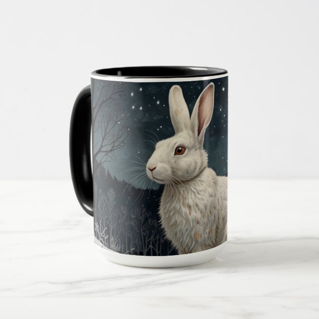 Mug Elégant lapin blanc Noël forêt enneigée (Devant gauche)