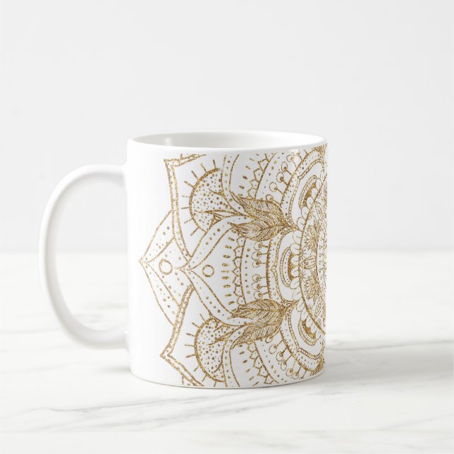 Mug Elégant Mandala Blanc & Or Dessiné À La Main (Gauche)