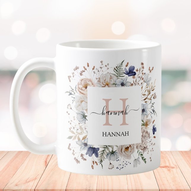 Mug Elegant Monogram Pretty Beige Blue Flowers Floral (In situ)