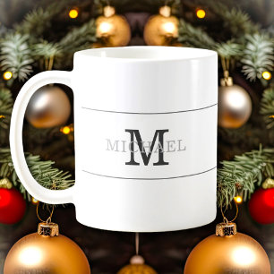 Mug Élégant Monogramme Argent Noir Nom Personnalisé