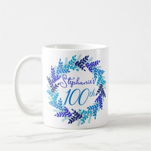 Mug Élégant Monogramme Blue Wreath 100e anniversaire