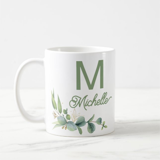 Mug Élégant Monogramme de verdure Nom personnalisé et  (Gauche)