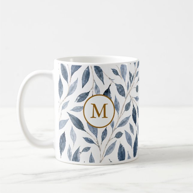 Mug Élégant Monogramme Feuille Bleue avec Initiale (Gauche)