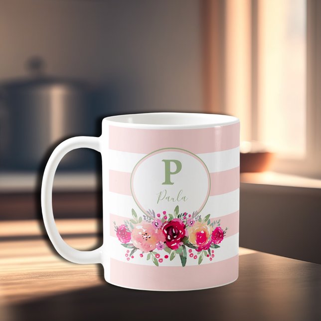 Mug Élégant monogramme floral aquarelle sur bandes ros (Créateur téléchargé)